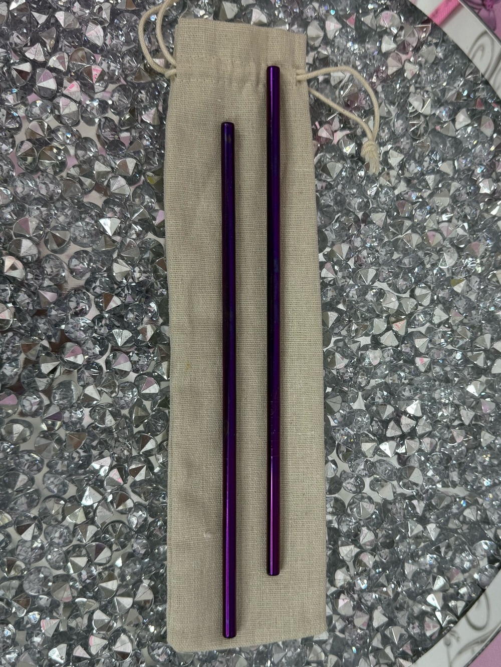 Set of 2 reusable straws metal Purple Metal Reusable Straws with Carry Pouch